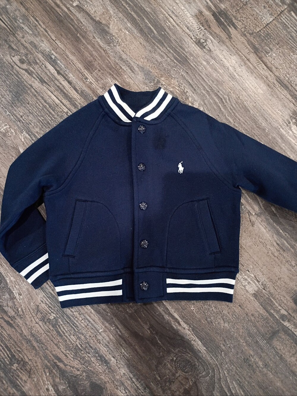 Polo by Ralph Lauren Navy Blue Varsity Jacket White Trim Size 2T New W/ Callout